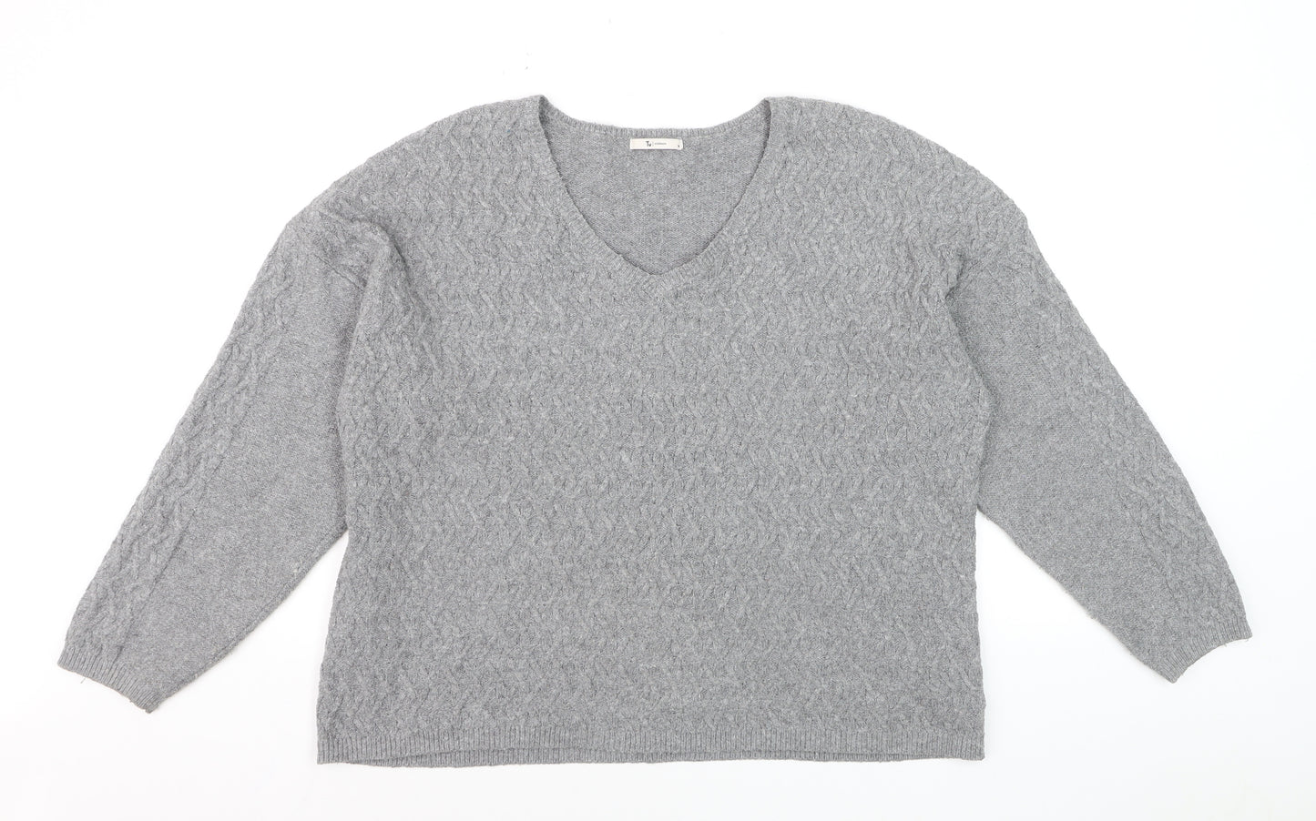 Tu Women Grey Cable-Knit V-Neck Long Sleeve Jumper Size 16