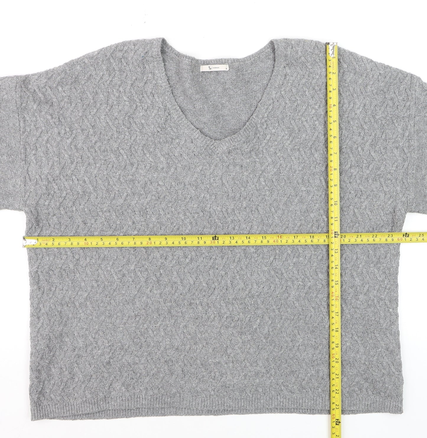 Tu Women Grey Cable-Knit V-Neck Long Sleeve Jumper Size 16