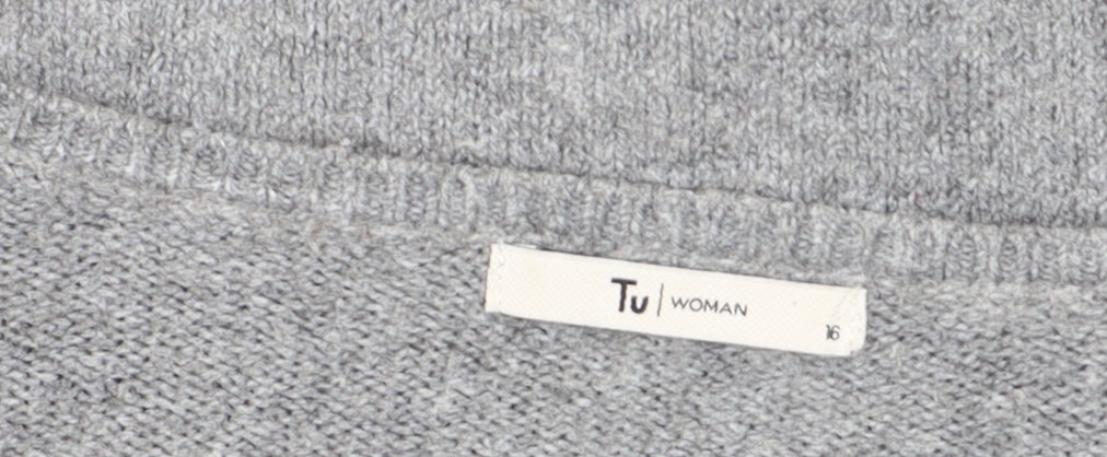 Tu Women Grey Cable-Knit V-Neck Long Sleeve Jumper Size 16