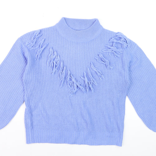 Wednesday's Girl Women's Blue High Neck Fringe Knit Jumper Size M