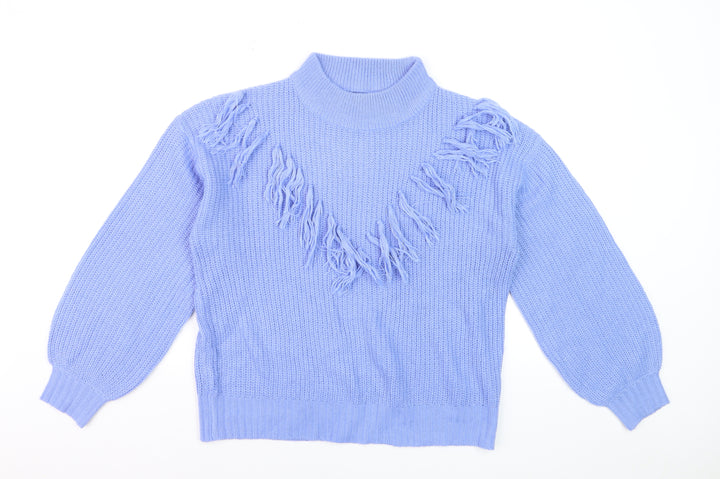 Wednesday's Girl Women's Blue High Neck Fringe Knit Jumper Size M