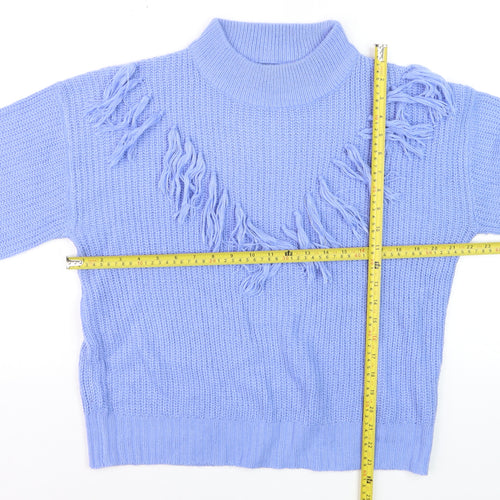 Wednesday's Girl Women's Blue High Neck Fringe Knit Jumper Size M