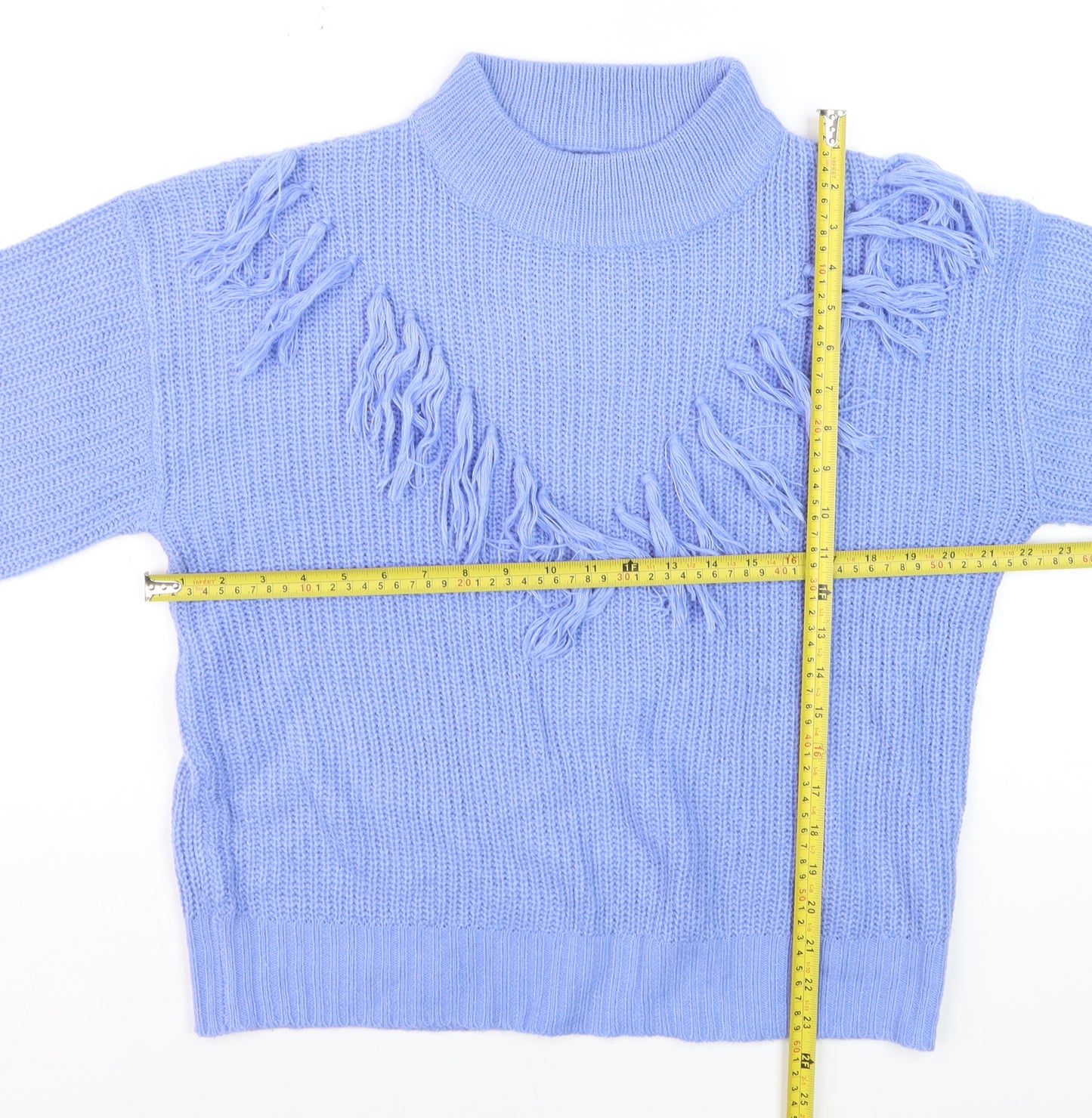 Wednesday's Girl Women's Blue High Neck Fringe Knit Jumper Size M