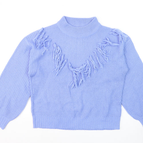 Wednesday's Girl Women's Blue High Neck Fringe Knit Jumper Size M