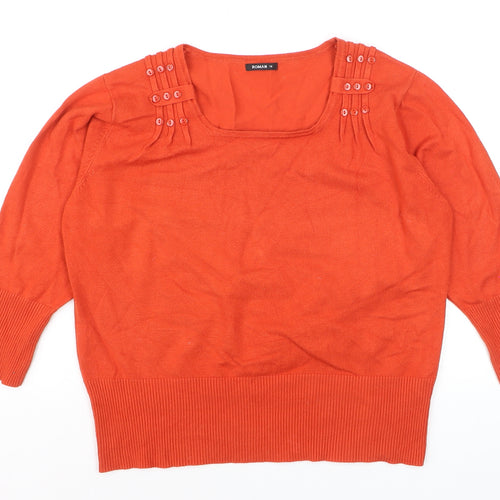 Roman Women Orange 3/4 Sleeve Square Neck Button Jumper Size 16