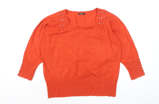 Roman Women Orange 3/4 Sleeve Square Neck Button Jumper Size 16
