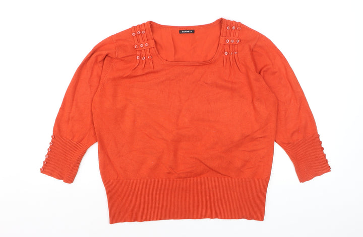Roman Women Orange 3/4 Sleeve Square Neck Button Jumper Size 16