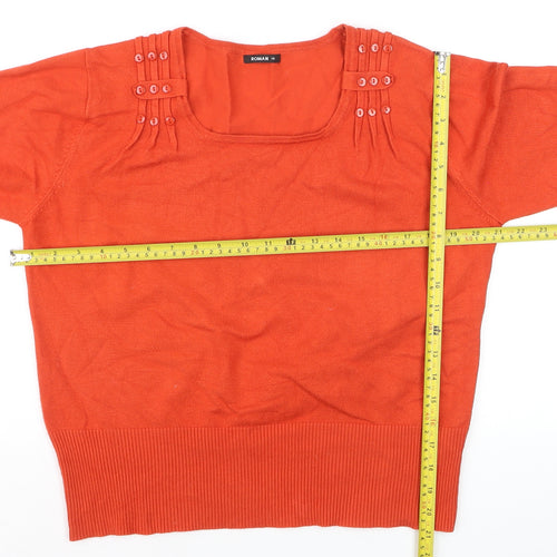 Roman Women Orange 3/4 Sleeve Square Neck Button Jumper Size 16