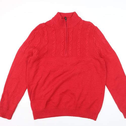 IZOD Men's Red Cable-Knit Half Zip Cotton Jumper Size L