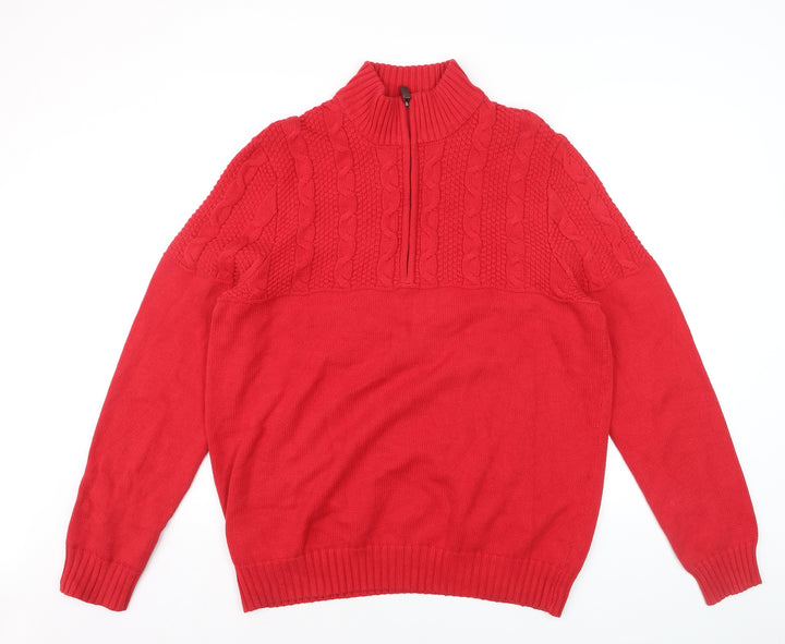 IZOD Men's Red Cable-Knit Half Zip Cotton Jumper Size L