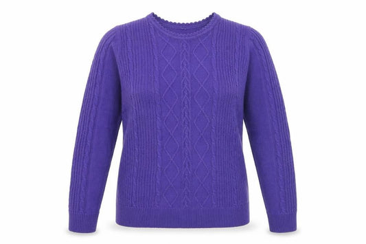 Front view of Isle Essentials Women's Purple Cable Knit Jumper, size 14, Regular Fit