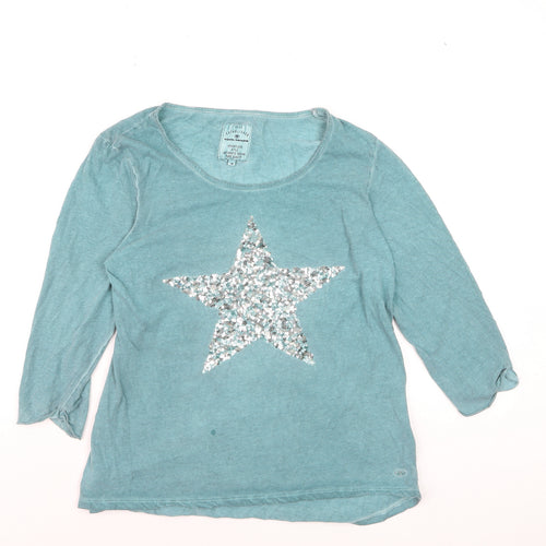 Tom Tailor Women Blue Sequin Star Cotton 3/4 Sleeve T-Shirt Size 12