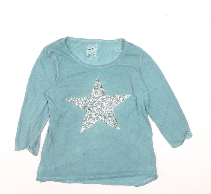 Tom Tailor Women Blue Sequin Star Cotton 3/4 Sleeve T-Shirt Size 12