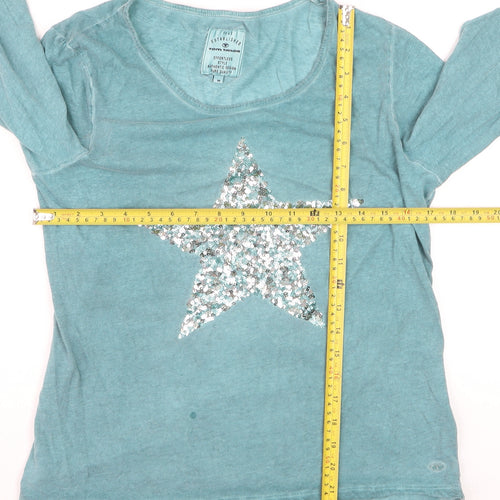 Tom Tailor Women Blue Sequin Star Cotton 3/4 Sleeve T-Shirt Size 12