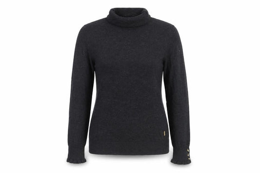 Front view of Joules women’s black roll neck long sleeve knit jumper, size UK 10