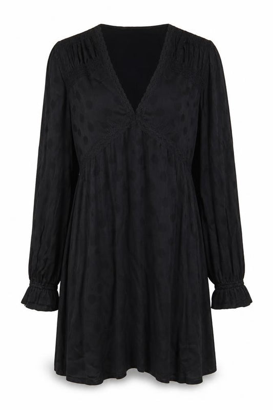 Front view of Nobody's Child Women's Black Polka Dot Wrap Mini Dress, size 10