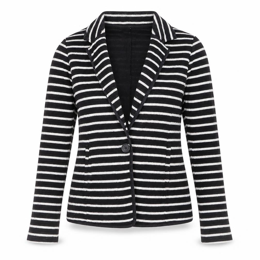 Front view of Caslon Women’s Black Striped Knit Blazer, size S, Single-Breasted