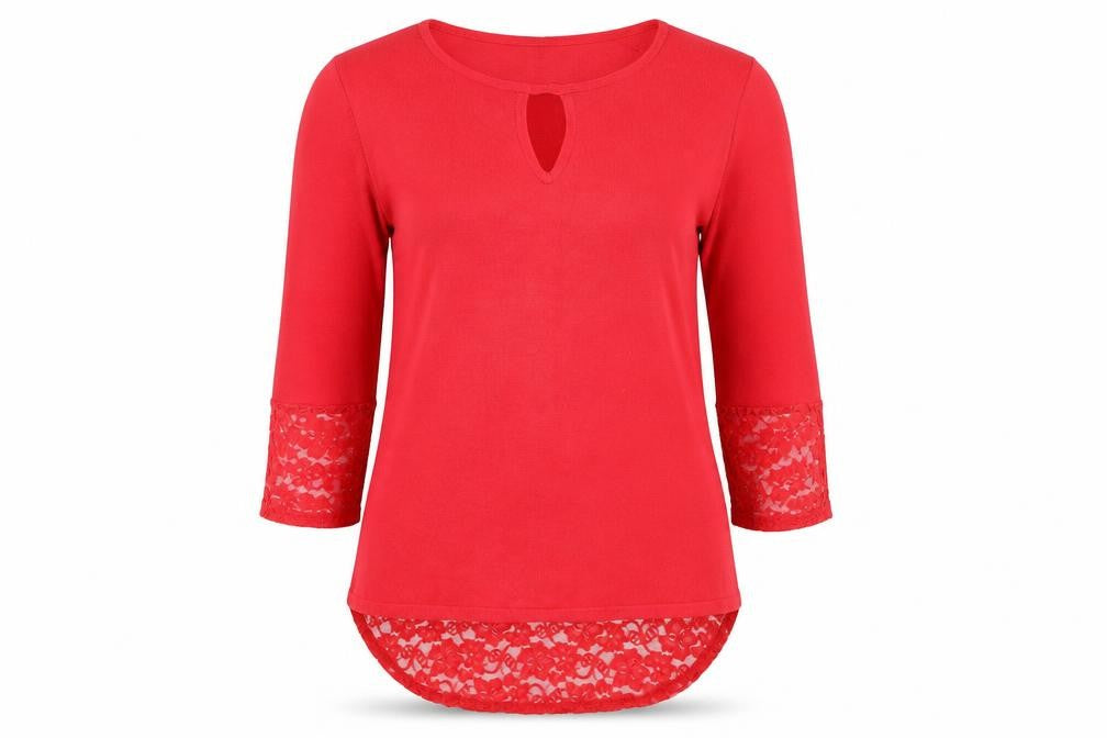 Front view of Marble Women's Red Lace Hem Tunic Blouse, size 10