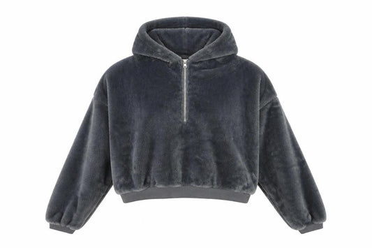 Front view of BDG Women’s Grey Cropped Fleece Hoodie Jacket, size M