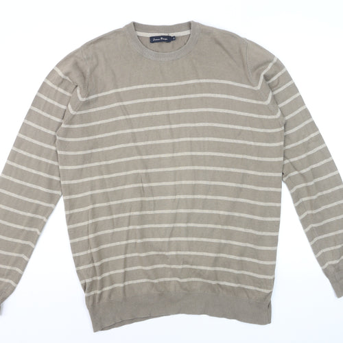 James Pringle Men's Beige Striped Cotton Pullover Jumper Size M