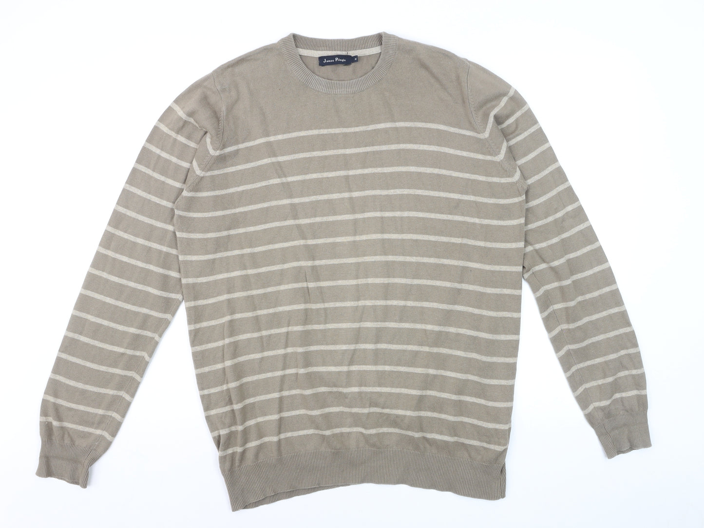 James Pringle Men's Beige Striped Cotton Pullover Jumper Size M