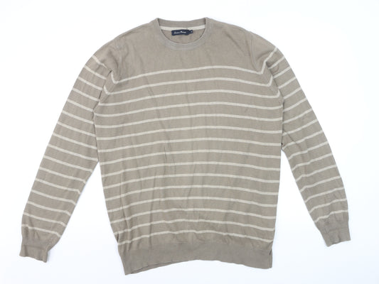 James Pringle Men's Beige Striped Cotton Pullover Jumper Size M