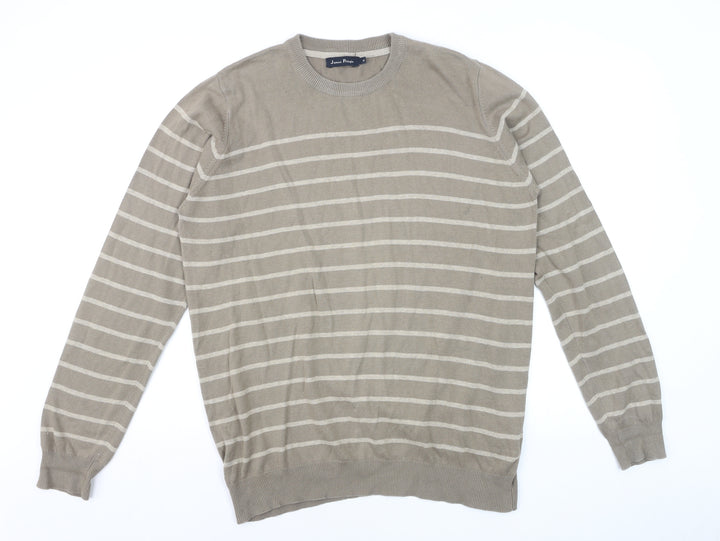 James Pringle Men's Beige Striped Cotton Pullover Jumper Size M
