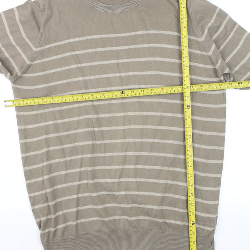 James Pringle Men's Beige Striped Cotton Pullover Jumper Size M