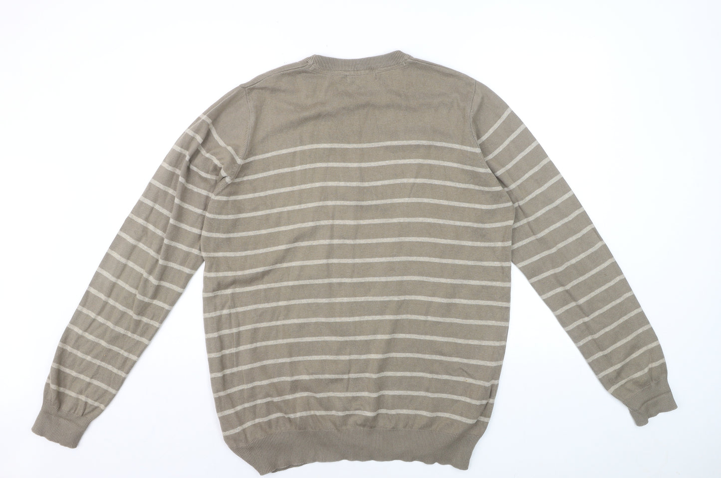 James Pringle Men's Beige Striped Cotton Pullover Jumper Size M