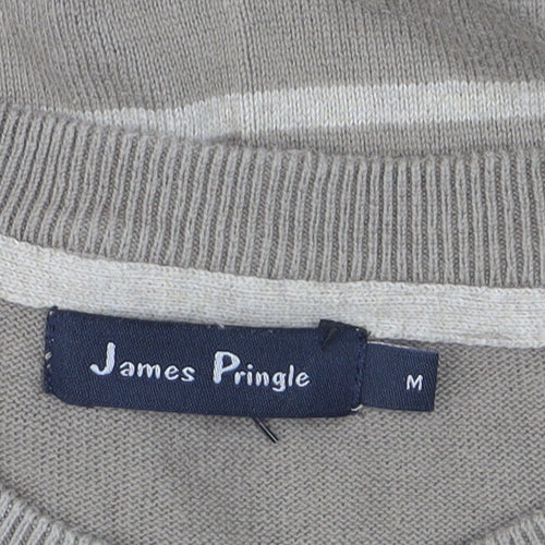 James Pringle Men's Beige Striped Cotton Pullover Jumper Size M