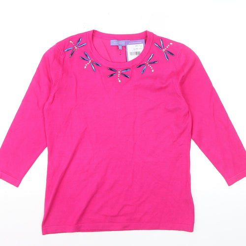 Autonomy Women's Pink Beaded Crew Neck 3/4 Sleeve Jumper Size S