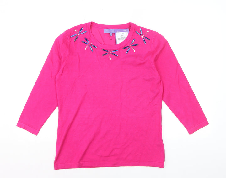 Autonomy Women's Pink Beaded Crew Neck 3/4 Sleeve Jumper Size S