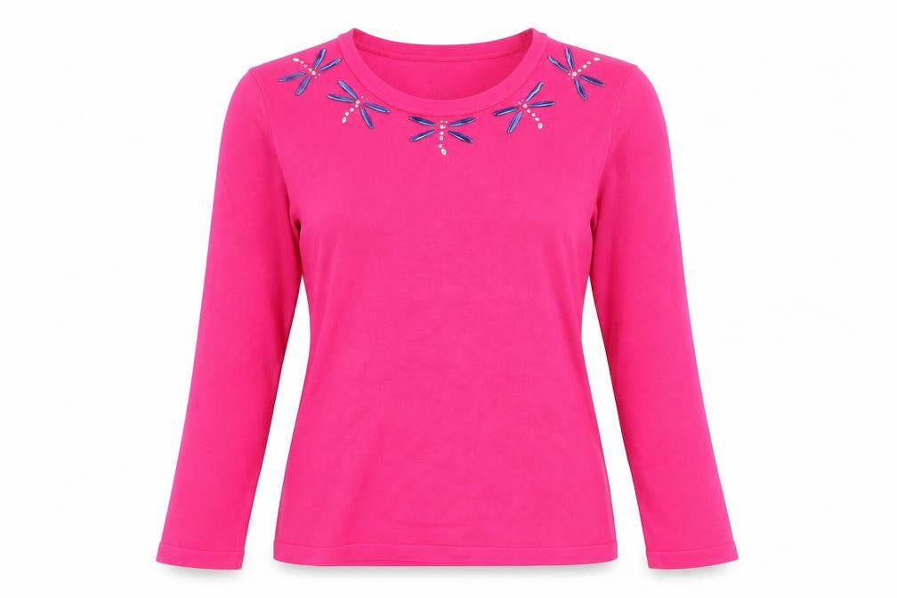 Front view of Autonomy Women's Pink Beaded Crew Neck 3/4 Sleeve Jumper, size S