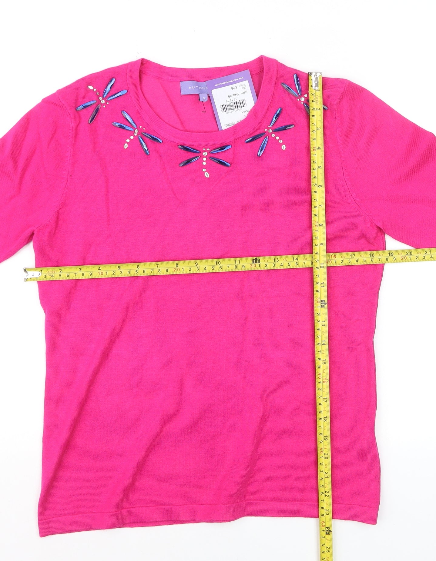Autonomy Women's Pink Beaded Crew Neck 3/4 Sleeve Jumper Size S