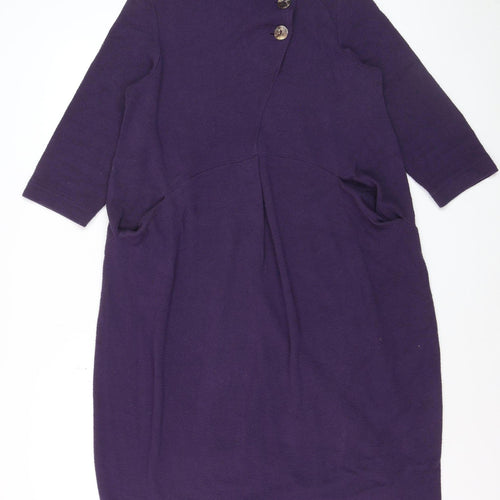 Sahara Women’s Purple Knit Shift Dress S 3/4 Sleeve Button High Neck