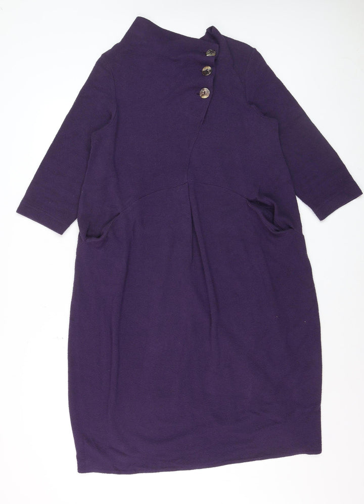 Sahara Women’s Purple Knit Shift Dress S 3/4 Sleeve Button High Neck
