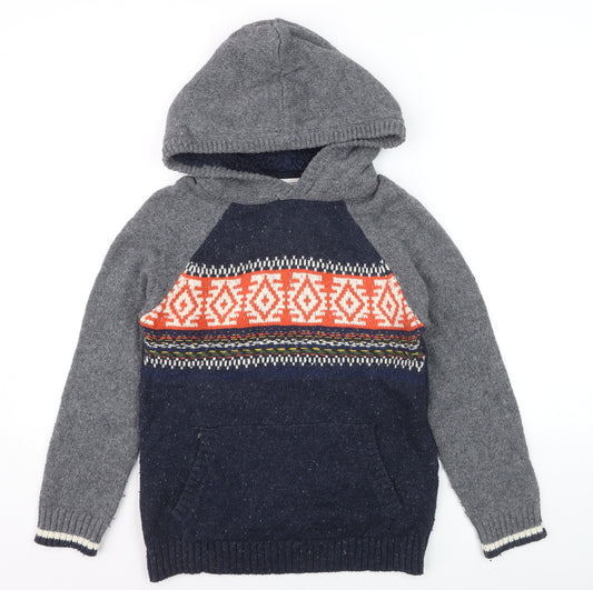 FatFace Boys Grey Navy Fair Isle Knitted Pullover Hoodie Size 12-13 Years