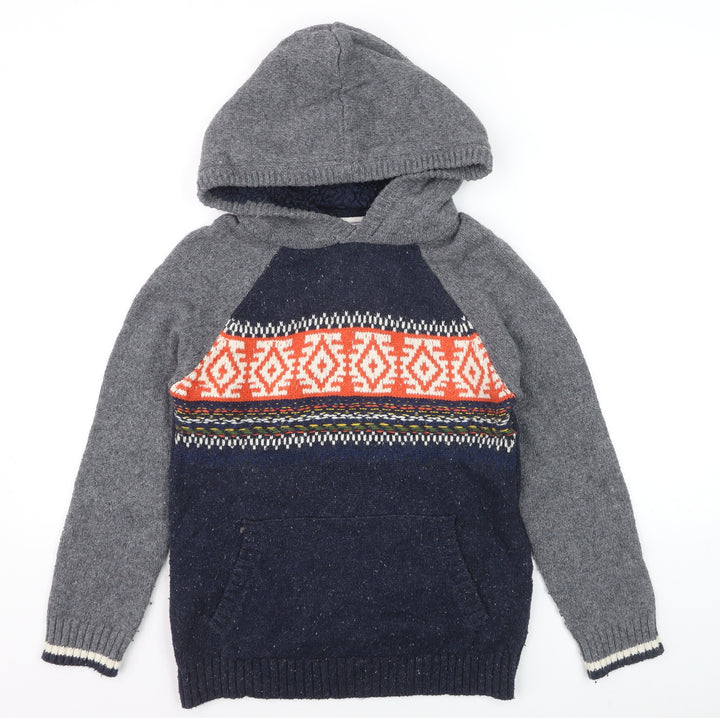 FatFace Boys Grey Navy Fair Isle Knitted Pullover Hoodie Size 12-13 Years