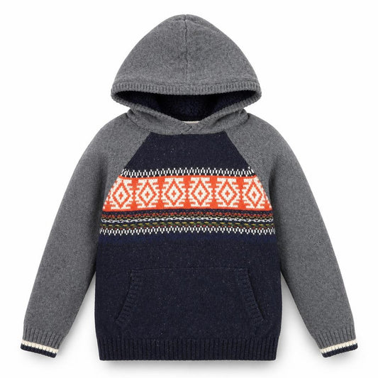 FatFace Boys Grey Navy Fair Isle Knitted Pullover Hoodie Size 12-13 Years