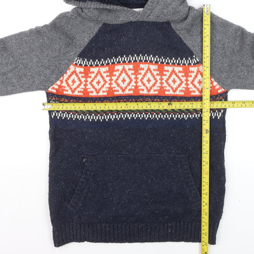 FatFace Boys Grey Navy Fair Isle Knitted Pullover Hoodie Size 12-13 Years