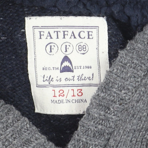 FatFace Boys Grey Navy Fair Isle Knitted Pullover Hoodie Size 12-13 Years
