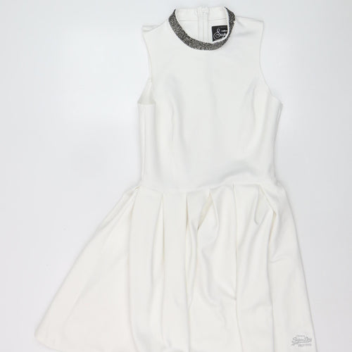Superdry Women's White Skater Dress S Sleeveless Beaded Neckline