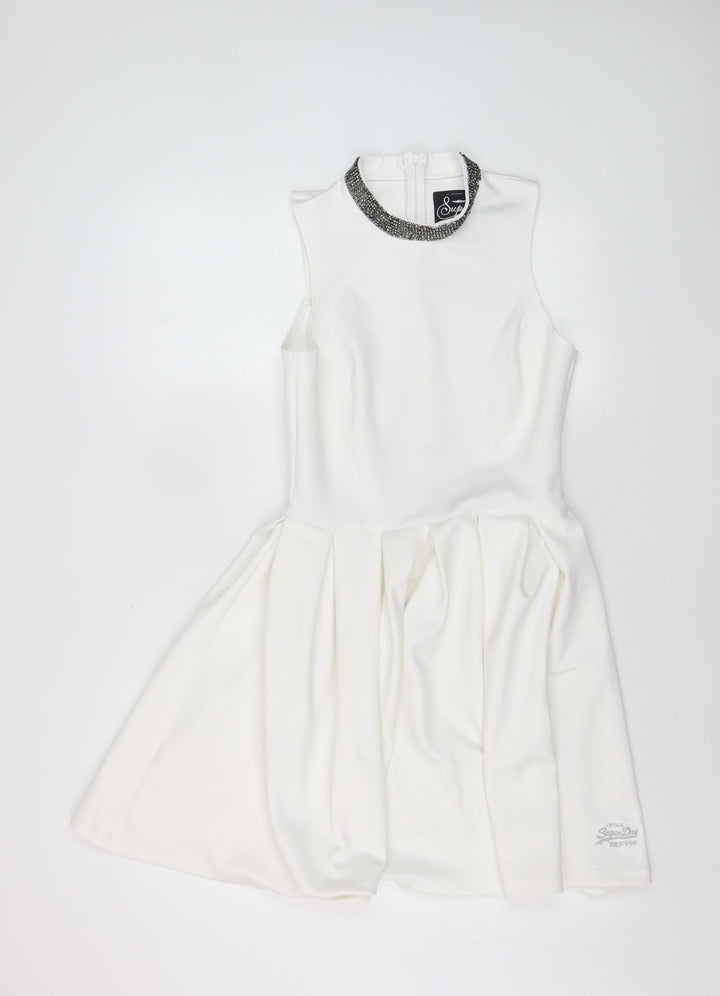 Superdry Women's White Skater Dress S Sleeveless Beaded Neckline