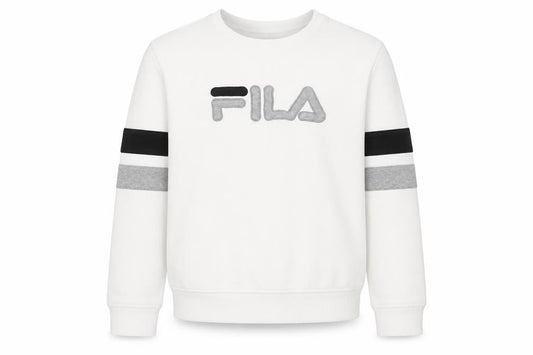 Front view of Fila boys’ white small pullover sweatshirt with logo and colourblock sleeves