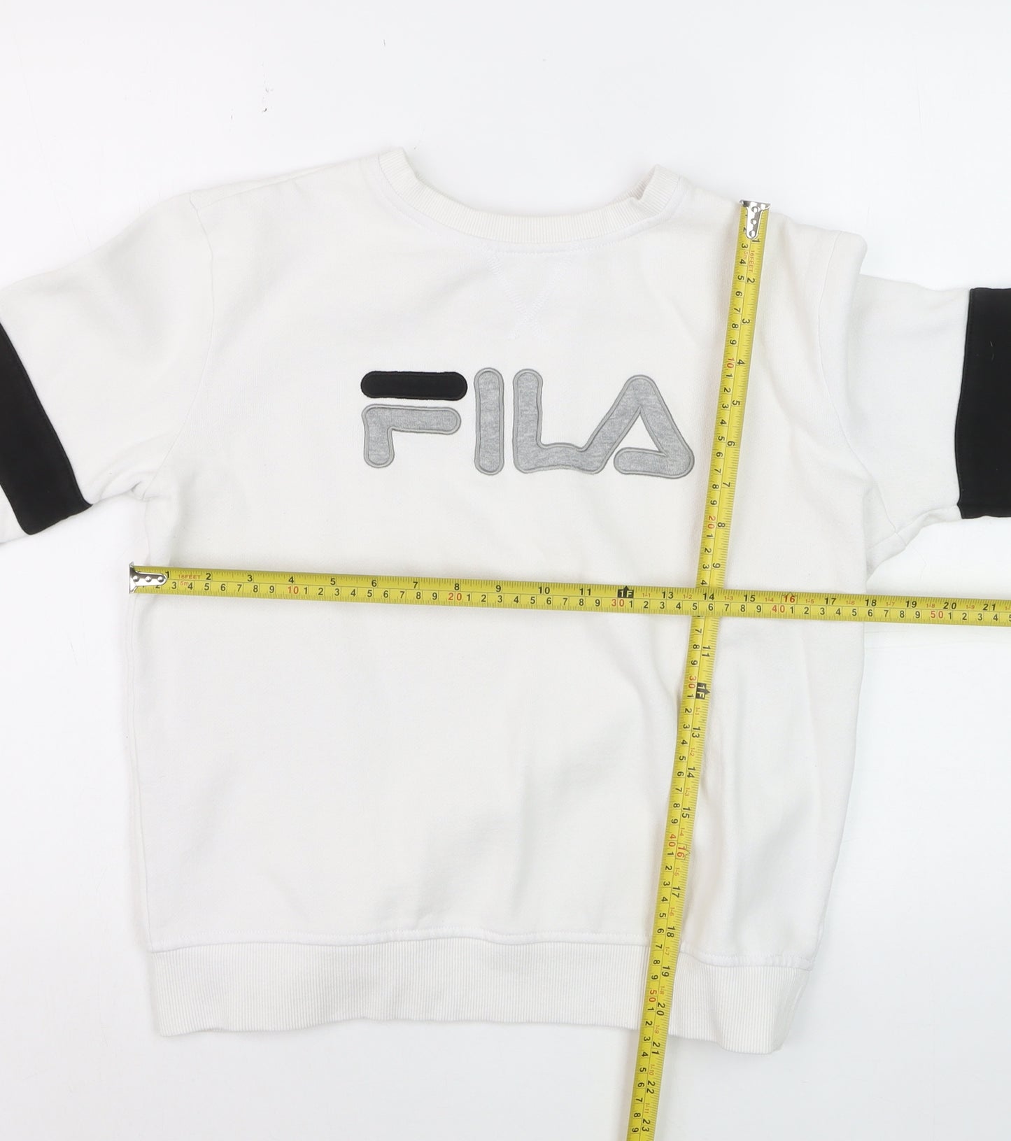 FILA Boys White Small Pullover Sweatshirt with Logo and Colourblock Sleeves