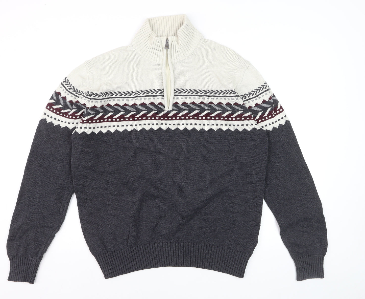 Weatherproof Vintage Men's Grey 1/4 Zip Fair Isle Cotton Jumper M