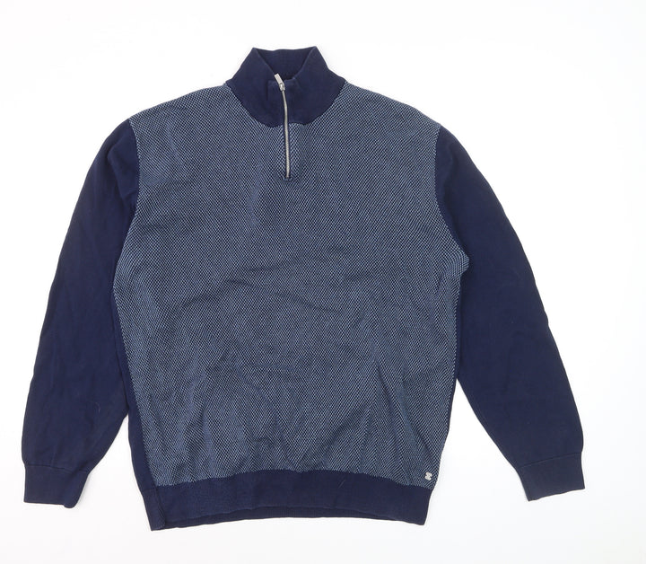 Next Mens Blue XL 1/2 Zip Cotton High Neck Jumper