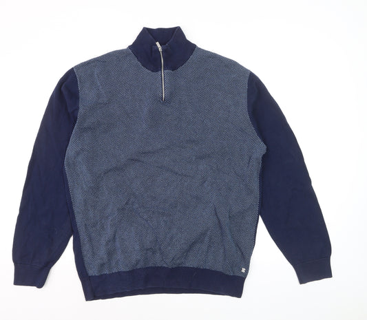 Next Mens Blue XL 1/2 Zip Cotton High Neck Jumper