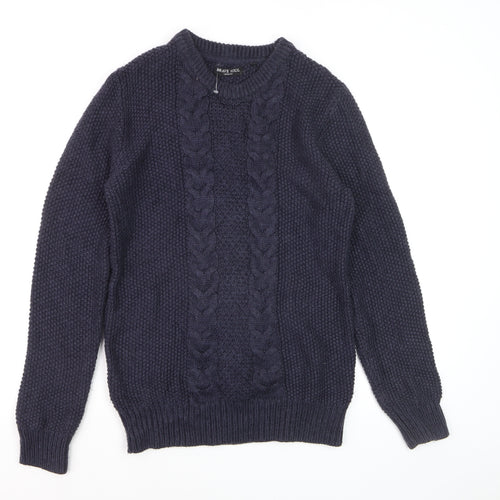 Brave Soul Men’s Blue Cable-Knit Crew Neck Jumper Size L
