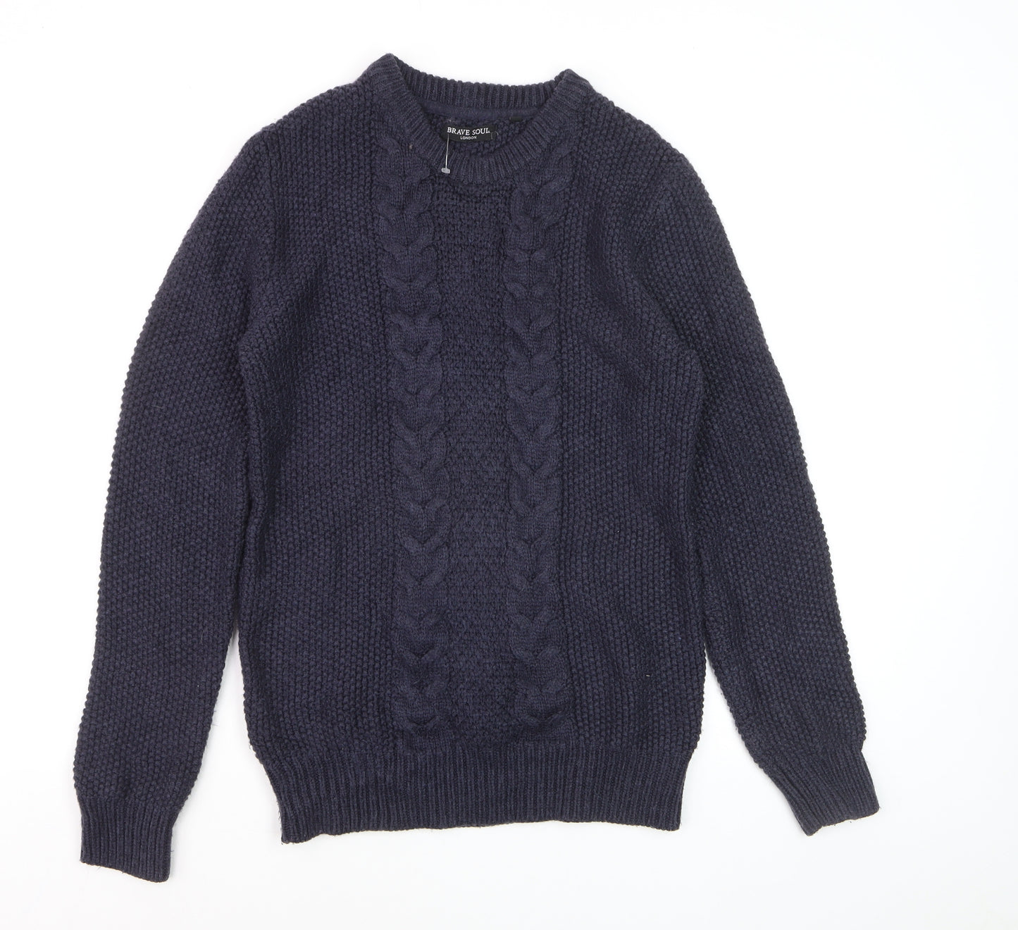 Brave Soul Men’s Blue Cable-Knit Crew Neck Jumper Size L